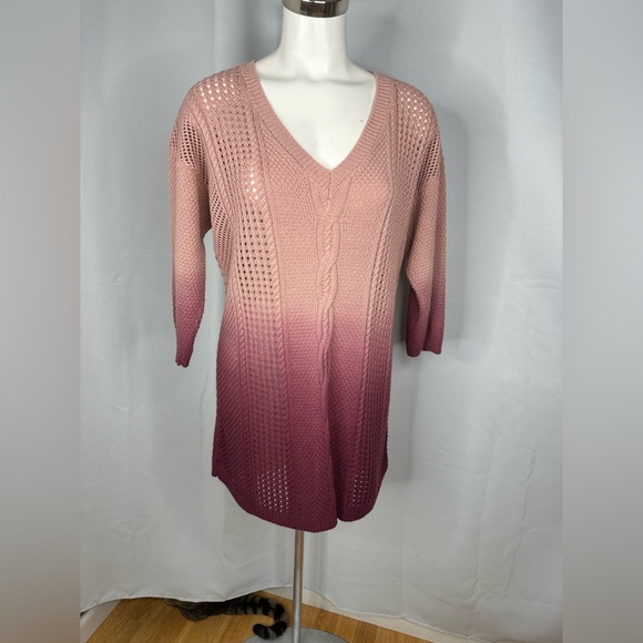 TORRID Dip Dye Ombre Pink V-Neck Cable Knit 3/4 Sleeved Tunic Sweater Plus Sz 2X - Picture 2 of 12